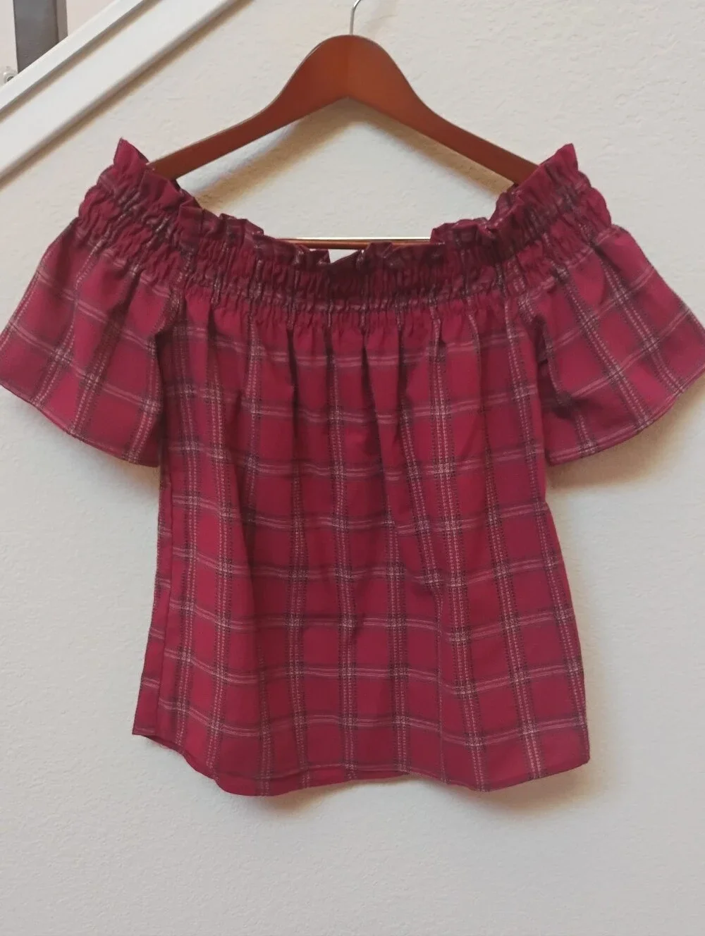 Socialite Red Plaid Off-Shoulder Blouse
